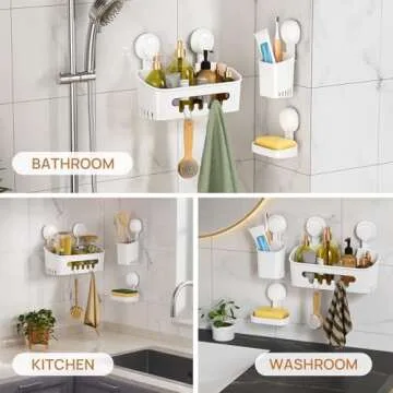 LEVERLOC Shower Caddy Suction Cup Set Shower Organizer & Soap Holder & Toothbrush Holder, Bathroom Shelf Basket NO-Drilling, Removable Suction Storage Waterproof Bathroom Caddy, White