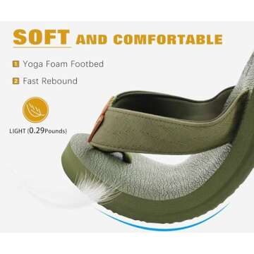 KuaiLu Men's Leather Flip Flops Arch Support Summer Beach Pool Water Thong Sandals Waterproof Rubber Walking Shoes Slip on Orthotic Casual Sport Cushioned Slides Shower Slippers Army Green Size 7