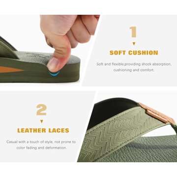 KuaiLu Men's Leather Flip Flops Arch Support Summer Beach Pool Water Thong Sandals Waterproof Rubber Walking Shoes Slip on Orthotic Casual Sport Cushioned Slides Shower Slippers Army Green Size 7