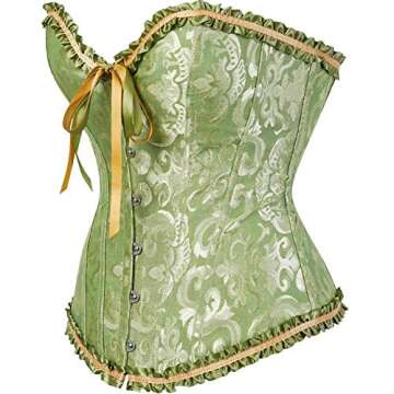 SHYMMUO Women's Lacing Corset Top Satin Floral Boned Overbust Body Shaper Bustier Green S