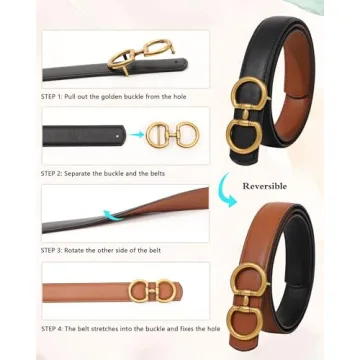 AWAYTR Reversible Belt for Women - Two-in-One Women Fashion Leather Belt for Jeans with Golden Buckle (Black/Brown,100cm)