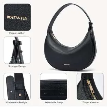 Trendy BOSTANTEN Crescent Shoulder Bag - Adjustable Vegan Leather