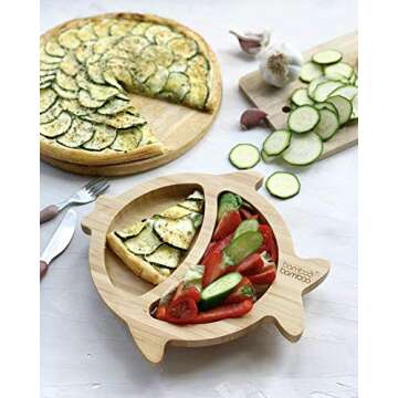 Bamboo Baby Plate with Suction - Kids and Toddler Suction Cup Plate for Babies, Non-toxic All-Natural Bamboo Baby Food Plate Stays Cool to the Touch for Baby-Led Weaning (Fish-Green)