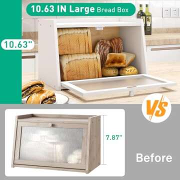 kiplant Bread Box for Kitchen Counter, Large Bamboo Bread Storage Container with Wavy Arcylic Transparent Door, Bamboo Wooden Farmhouse Bread Box for Your House (White)