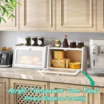 kiplant Bread Box for Kitchen Counter, Large Bamboo Bread Storage Container with Wavy Arcylic Transparent Door, Bamboo Wooden Farmhouse Bread Box for Your House (White)