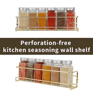 blueden 2 Pack Self Adhesive Wall Mounted Fridge Refrigerator Spice Racks,Metal Kitchen Seasoning Jar Organizer for Space Saver,Hanging Spice Organizer Shelf for Kitchen Cabinet,Wall,Pantry Door.Gold