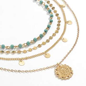 Taichell Gold Layered Turquoise Necklace for Women Multi Boho Turquoise Long Necklace Bohemian Coin Pendant Necklace Jewelry