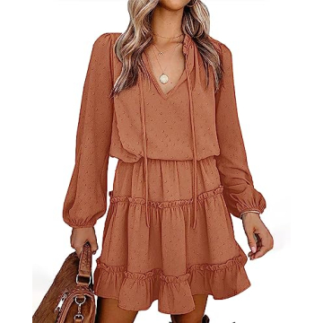 BTFBM Women Casual Summer Fall Dresses Tie V Neck Long Sleeve High Waist Ruffle Tiered A Line Swing ...