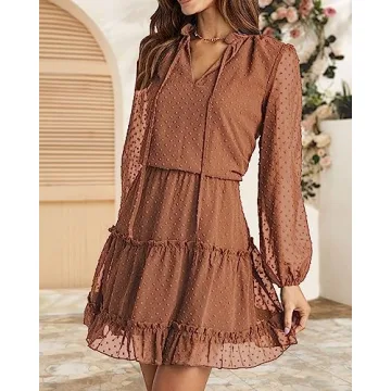 BTFBM Women Casual Summer Fall Tie V Neck A Line Dress