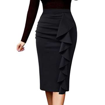 VFSHOW Women Elegant Ruched Ruffle Slit Work Business Party Pencil Skirt 2511 BLK S