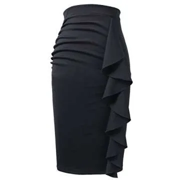 VFSHOW Women Elegant Ruched Ruffle Slit Work Business Party Pencil Skirt 2511 BLK S