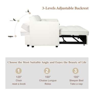 Convertible Sofa Bed, 3-in-1 Multi-Functional Velvet Sleeper Couch Pull-Out Bed, 48'' Bed Chaise Lounge with Adjustable Backrest and Pillows, Hidden Side Table for Living Room, Small Space