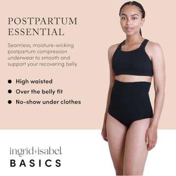 Ingrid & Isabel Basics - Postpartum Compression Underwear - Seamless High Waisted Underwear - Over the Belly Fit, Black, Womens Size S