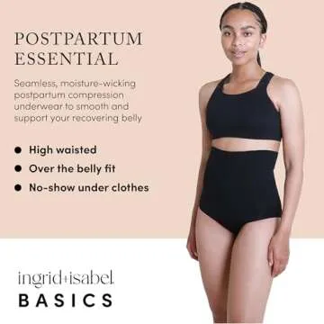Ingrid & Isabel Basics - Postpartum Compression Underwear - Seamless High Waisted Underwear - Over the Belly Fit, Black, Womens Size S