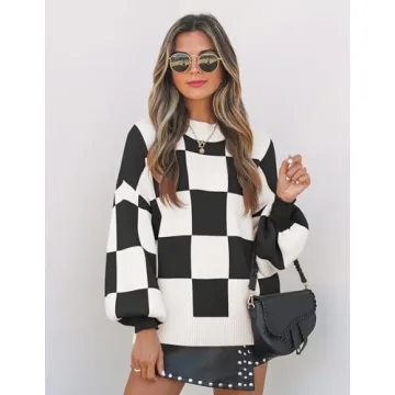 ZESICA Women's Fall Fashion Turtleneck Long Sleeve Striped Ribbed Knit Loose Pullover Sweater Tops,BlackPlaid,Small