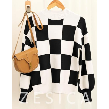 ZESICA Women's Fall Fashion Turtleneck Long Sleeve Striped Ribbed Knit Loose Pullover Sweater Tops,BlackPlaid,Small