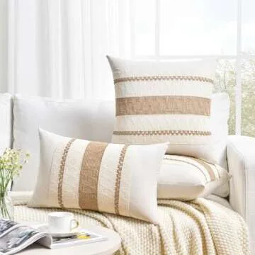 Fancy Homi Set of 1 Boho Neutral Lumbar Decorative Throw Pillow Cover 12x20 Inch for Couch Bed Sofa Chair, Modern Organic Farmhouse Home Decor, Soft Cotton Cute Accent Tan Rectangle Cushion Case