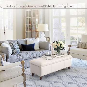 LUE BONA 49" Storage Ottoman Bench, Ivory Upholstered Fabric Storage End of Bed Bench, Modern Window...