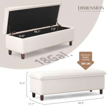 LUE BONA 49" Storage Ottoman Bench, Ivory Upholstered Fabric Storage End of Bed Bench, Modern Window Bench with Nailhead Trim/Thicker Seat/Safety Hinge for Living Room, Bedroom, 300LB