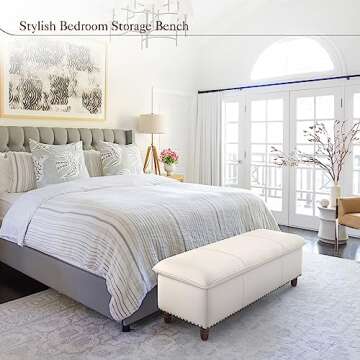 LUE BONA 49" Storage Ottoman Bench, Ivory Upholstered Fabric Storage End of Bed Bench, Modern Window Bench with Nailhead Trim/Thicker Seat/Safety Hinge for Living Room, Bedroom, 300LB