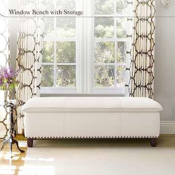 LUE BONA 49" Storage Ottoman Bench, Ivory Upholstered Fabric Storage End of Bed Bench, Modern Window Bench with Nailhead Trim/Thicker Seat/Safety Hinge for Living Room, Bedroom, 300LB