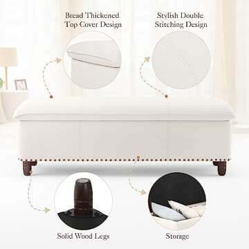 LUE BONA 49" Storage Ottoman Bench, Ivory Upholstered Fabric Storage End of Bed Bench, Modern Window Bench with Nailhead Trim/Thicker Seat/Safety Hinge for Living Room, Bedroom, 300LB
