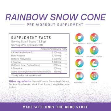 PWDRS Pre-Workout Powder, All Natural Pre Workout for Energy, Pump, Endurance & Strength, with Caffeine (Rainbow Snowcone)