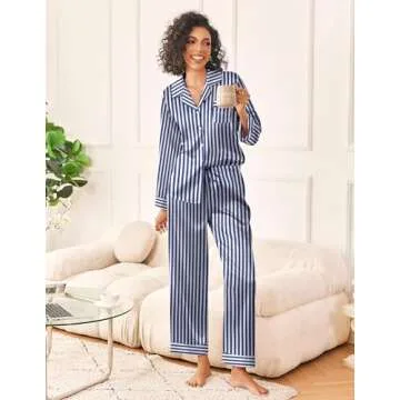 Ekouaer Womens Silk Satin Pajama Sets 2 Piece Sleepwear Pjs Set Long Sleeve Button Down Top and Pants Stripe Loungewear,S
