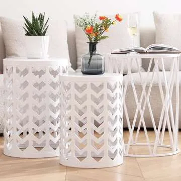 HFHOME Nesting Coffee Tables Set of 3, Industrial Metal Stacking Accent Side Tables Circle Table for...