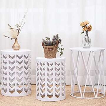 HFHOME Nesting Coffee Tables Set of 3, Industrial Metal Stacking Accent Side Tables Circle Table for Small Space, Living Room, Apartment, Bedroom Indoor - White