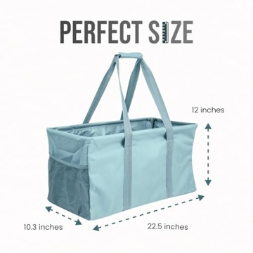 Lucazzi Extra Large Utility Tote Bag - Oversized Collapsible Reusable Wire Frame Rectangular Canvas Basket With Two Exterior Pockets For Beach, Pool, Laundry, Car Trunk, Storage - Light Blue