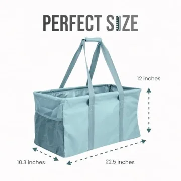 Lucazzi Extra Large Utility Tote Bag - Oversized Collapsible Reusable Wire Frame Rectangular Canvas Basket With Two Exterior Pockets For Beach, Pool, Laundry, Car Trunk, Storage - Light Blue