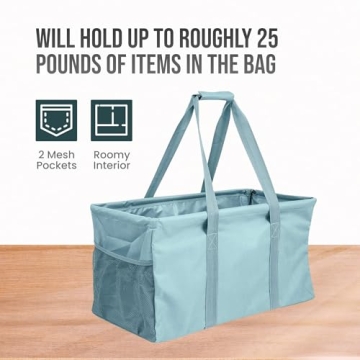 Lucazzi Extra Large Utility Tote Bag - Oversized Collapsible Reusable Wire Frame Rectangular Canvas Basket With Two Exterior Pockets For Beach, Pool, Laundry, Car Trunk, Storage - Light Blue