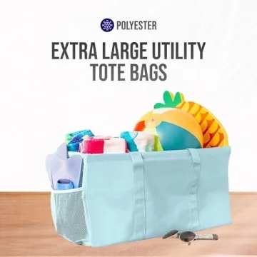 Lucazzi Extra Large Utility Tote Bag - Oversized Collapsible Reusable Wire Frame Rectangular Canvas Basket With Two Exterior Pockets For Beach, Pool, Laundry, Car Trunk, Storage - Light Blue