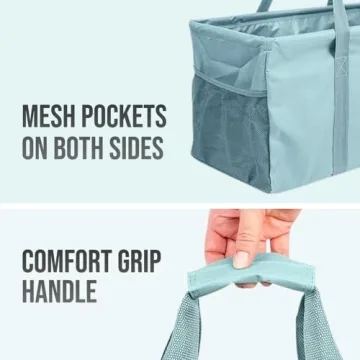 Lucazzi Extra Large Utility Tote Bag - Oversized Collapsible Reusable Wire Frame Rectangular Canvas Basket With Two Exterior Pockets For Beach, Pool, Laundry, Car Trunk, Storage - Light Blue