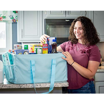 Lucazzi Extra Large Utility Tote Bag - Oversized Collapsible Reusable Wire Frame Rectangular Canvas Basket With Two Exterior Pockets For Beach, Pool, Laundry, Car Trunk, Storage - Light Blue