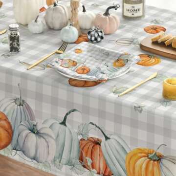 Horaldaily Fall Tablecloth 60x84 Inch Rectangular, Thanksgiving Autumn Harvest Watercolor Pumpkins Blue Buffalo Plaid Table Cover for Party Picnic Dinner Decor