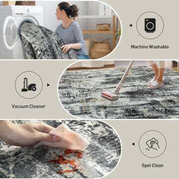 9x12 Area Rugs Washable Rug: Modern Abstract Living Room Rug Soft Anti-Skid Thin Carpet Indoor Floor Non-Shedding Carpets for Bedroom Dining Room Farmhouse Nursery Home Office Black Grey Gold