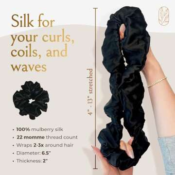 Curlfriend Collective Scrunchies for Women, Extra Large Silk Scrunchies for Curly Hair, Silk Hair Ties No Damage, Hair Scrunchies for Thick Hair, Hair Accessories, Ponytail Holders - Black, XL