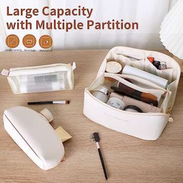 zaleeta Travel Makeup Bag, 3-Set Large Capacity Cosmetic Organizer Bags for Women, Waterproof PU Lea...
