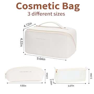 zaleeta Travel Makeup Bag, 3-Set Large Capacity Cosmetic Organizer Bags for Women, Waterproof PU Leather Toiletry Bags, Wide Open Flat Makeup Case with Divider and Handle