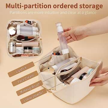 zaleeta Travel Makeup Bag, 3-Set Large Capacity Cosmetic Organizer Bags for Women, Waterproof PU Leather Toiletry Bags, Wide Open Flat Makeup Case with Divider and Handle