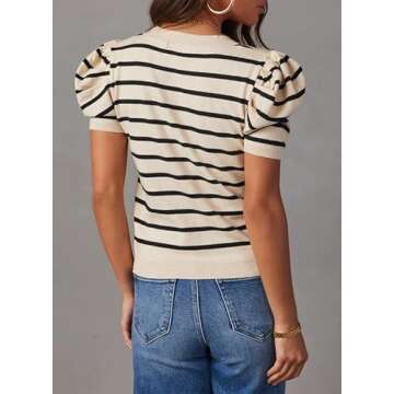 Dokotoo Womens Summer Blouses Short Puff Sleeve Striped Knit Tops Crewneck Casual Blouses Elegant Ribbed Knit Oversized Shirts X-Large