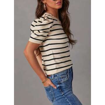 Dokotoo Womens Summer Blouses Short Puff Sleeve Striped Knit Tops Crewneck Casual Blouses Elegant Ribbed Knit Oversized Shirts X-Large