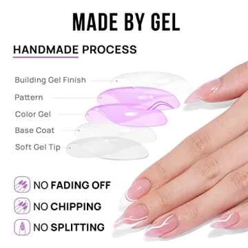 BTArtbox Press On Nails Medium - Soft Gel French Tip Press On Nails, Almond Glue On Nails with Nail Glue, Reusable Stick On Nails in 15 Sizes, White Swirl