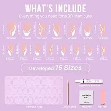 BTArtbox Press On Nails Medium - Soft Gel French Tip Press On Nails, Almond Glue On Nails with Nail Glue, Reusable Stick On Nails in 15 Sizes, White Swirl