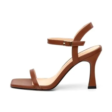 zasudxie Womens Heels Sandals, Sexy Strappy Stiletto High Heel Sandals for Women Open Square Toe Adjustable Buckle Ankle Strap High Heel Sandals Prom Dress Pumps 3.35 Inch Brown Matte Size 8