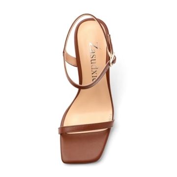 zasudxie Womens Heels Sandals, Sexy Strappy Stiletto High Heel Sandals for Women Open Square Toe Adjustable Buckle Ankle Strap High Heel Sandals Prom Dress Pumps 3.35 Inch Brown Matte Size 8
