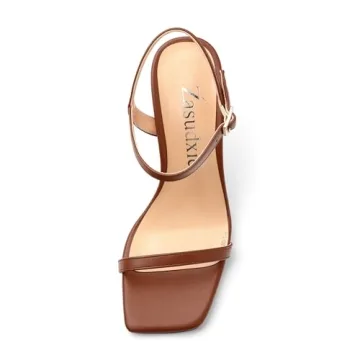 zasudxie Womens Heels Sandals, Sexy Strappy Stiletto High Heel Sandals for Women Open Square Toe Adjustable Buckle Ankle Strap High Heel Sandals Prom Dress Pumps 3.35 Inch Brown Matte Size 8