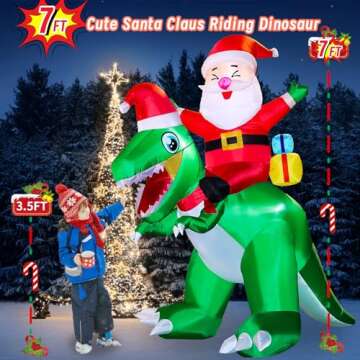 Christmas Inflatables Santa Outdoor Decorations: 7FT Cute Santa Riding Dinosaur Inflatable - Christm...